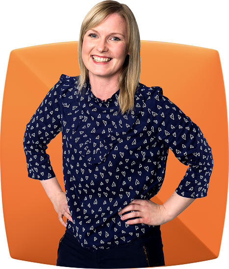 smiling woman in orange squircle