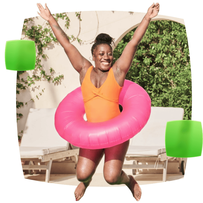 woman in orange swimsuit with rubber ring